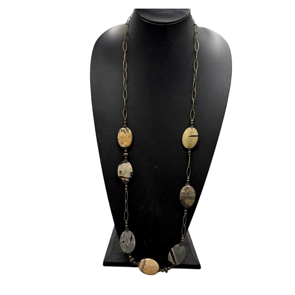 Vintage Necklace Jasper Stones Long Chain Boho Gold Tone 38 inches